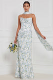 Strapless Mermaid Ruched Blue White Flower Bridesmaid Dress with Scarf
