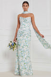 Strapless Mermaid Ruched Blue White Flower Bridesmaid Dress with Scarf