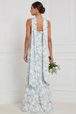 Strapless Mermaid Ruched Blue White Flower Bridesmaid Dress with Scarf