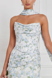 Strapless Mermaid Ruched Blue White Flower Bridesmaid Dress with Scarf