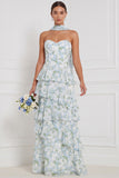 Blue White Flower Sweetheart Tiered Ruffle Bridesmaid Dress with Scarf