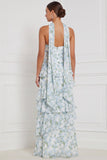 Blue White Flower Sweetheart Tiered Ruffle Bridesmaid Dress with Scarf