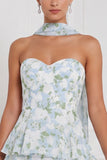 Blue White Flower Sweetheart Tiered Ruffle Bridesmaid Dress with Scarf