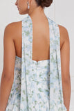 Blue White Flower Sweetheart Tiered Ruffle Bridesmaid Dress with Scarf