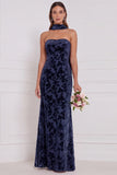 Dusty Rose Strapless Mermaid Burnout Velvet Bridesmaid Dress with Scarf