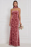 Dusty Rose Strapless Mermaid Burnout Velvet Bridesmaid Dress with Scarf