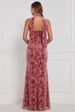 Dusty Rose Strapless Mermaid Burnout Velvet Bridesmaid Dress with Scarf