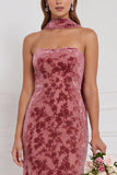 Dusty Rose Strapless Mermaid Burnout Velvet Bridesmaid Dress with Scarf