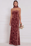 Dusty Rose Strapless Mermaid Burnout Velvet Bridesmaid Dress with Scarf