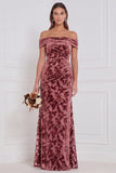 Off the Shoulder Espresso Burnout Velvet Long Bridesmaid Dress
