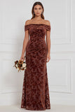 Off the Shoulder Espresso Burnout Velvet Long Bridesmaid Dress