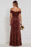 Off the Shoulder Espresso Burnout Velvet Long Bridesmaid Dress