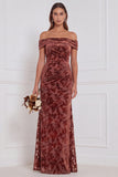 Off the Shoulder Espresso Burnout Velvet Long Bridesmaid Dress