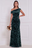 Velvet Burnout Asymmetrical Neck Olive Bridesmaid Dress