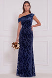 Velvet Burnout Asymmetrical Neck Olive Bridesmaid Dress
