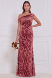 Velvet Burnout Asymmetrical Neck Olive Bridesmaid Dress
