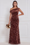 Velvet Burnout Asymmetrical Neck Olive Bridesmaid Dress