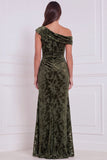 Velvet Burnout Asymmetrical Neck Olive Bridesmaid Dress