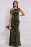 Velvet Burnout Asymmetrical Neck Olive Bridesmaid Dress