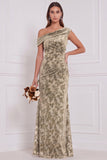 Velvet Burnout Asymmetrical Neck Olive Bridesmaid Dress