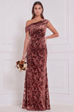 Velvet Burnout Asymmetrical Neck Olive Bridesmaid Dress
