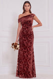 Velvet Burnout Asymmetrical Neck Olive Bridesmaid Dress