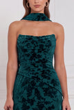 Dark Green Burnout Velvet Strapless Bridesmaid Dress with Scarf
