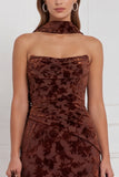 Dark Green Burnout Velvet Strapless Bridesmaid Dress with Scarf