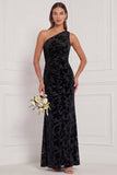 One Shoulder Brown Velvet Burnout Mermaid Bridesmaid Dress