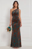 One Shoulder Brown Velvet Burnout Mermaid Bridesmaid Dress