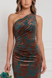 One Shoulder Brown Velvet Burnout Mermaid Bridesmaid Dress