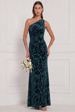 One Shoulder Brown Velvet Burnout Mermaid Bridesmaid Dress