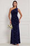 One Shoulder Brown Velvet Burnout Mermaid Bridesmaid Dress