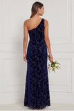 One Shoulder Brown Velvet Burnout Mermaid Bridesmaid Dress