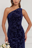 One Shoulder Brown Velvet Burnout Mermaid Bridesmaid Dress