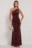 One Shoulder Brown Velvet Burnout Mermaid Bridesmaid Dress