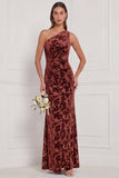 One Shoulder Brown Velvet Burnout Mermaid Bridesmaid Dress