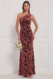 One Shoulder Brown Velvet Burnout Mermaid Bridesmaid Dress