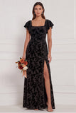 Terracotta Burnout Velvet Square Neck Long Bridesmaid Dress with Slit