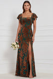 Terracotta Burnout Velvet Square Neck Long Bridesmaid Dress with Slit