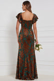 Terracotta Burnout Velvet Square Neck Long Bridesmaid Dress with Slit
