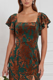 Terracotta Burnout Velvet Square Neck Long Bridesmaid Dress with Slit