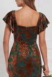 Terracotta Burnout Velvet Square Neck Long Bridesmaid Dress with Slit
