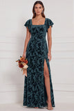 Terracotta Burnout Velvet Square Neck Long Bridesmaid Dress with Slit
