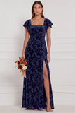 Terracotta Burnout Velvet Square Neck Long Bridesmaid Dress with Slit