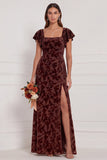 Terracotta Burnout Velvet Square Neck Long Bridesmaid Dress with Slit