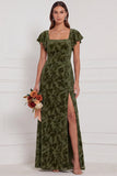 Terracotta Burnout Velvet Square Neck Long Bridesmaid Dress with Slit