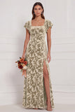 Terracotta Burnout Velvet Square Neck Long Bridesmaid Dress with Slit