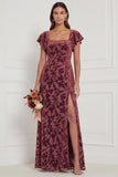 Terracotta Burnout Velvet Square Neck Long Bridesmaid Dress with Slit