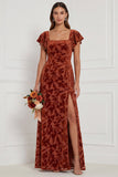 Terracotta Burnout Velvet Square Neck Long Bridesmaid Dress with Slit